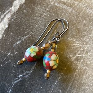 Hand Made earrings flower antique bead and Smokey quartz with oxidized silver